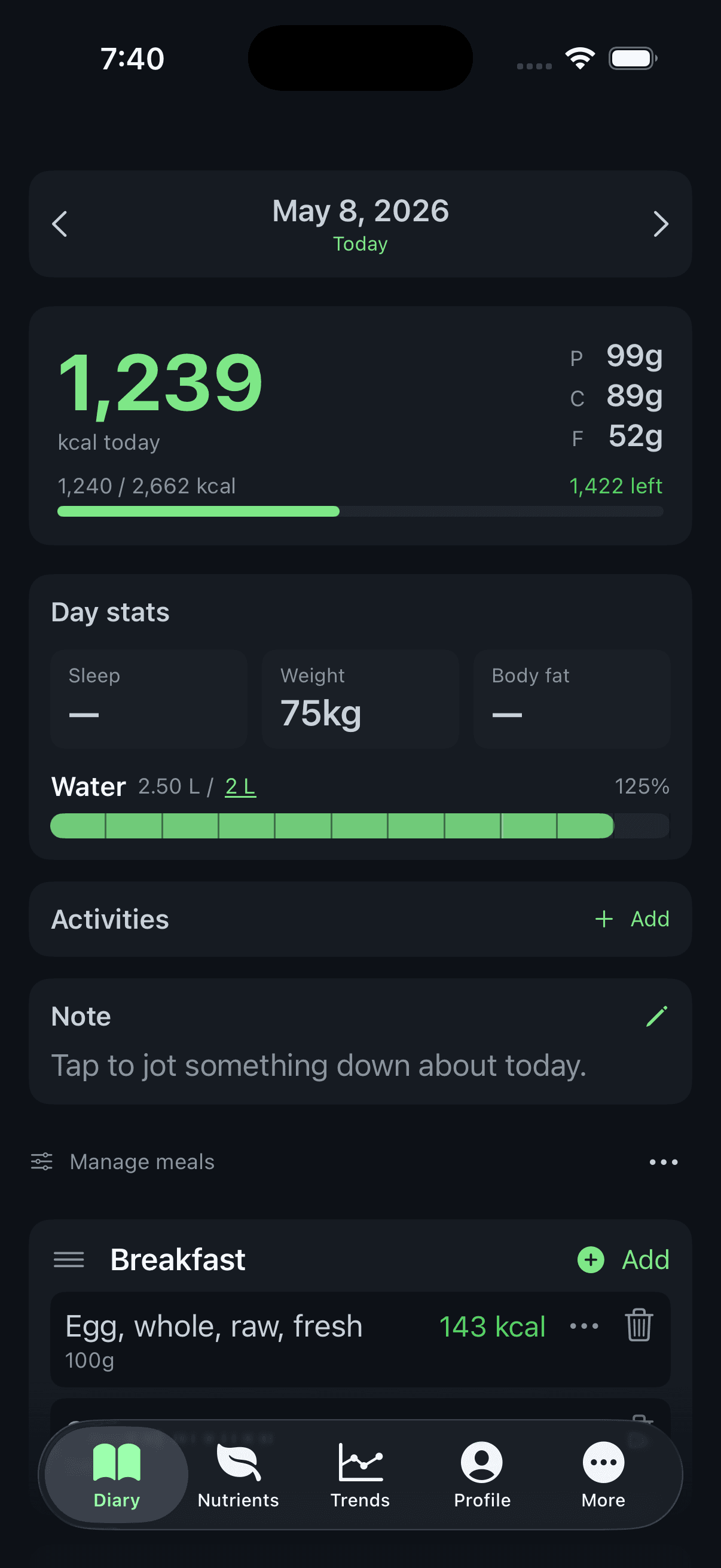 Nutriterm iPhone app diary view with calorie totals, water tracker, and breakfast logged