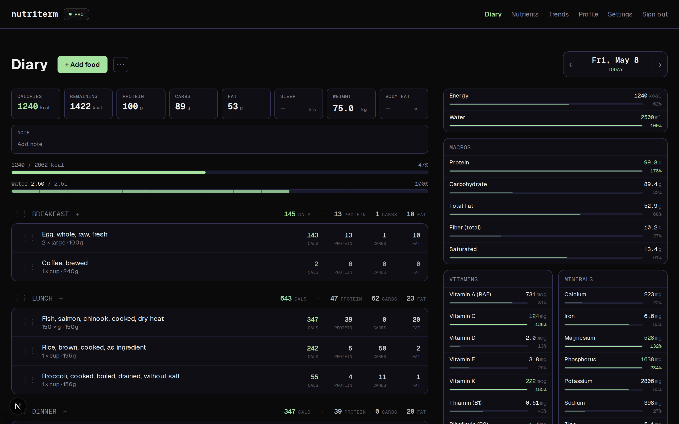 Nutriterm web app diary view with calorie ring, meal sections, and the full vitamin and mineral panel